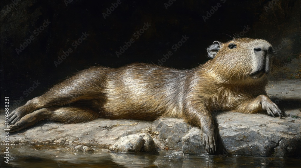 Obraz premium A capybara lounging by the water on a rocky surface, showcasing its relaxed demeanor.