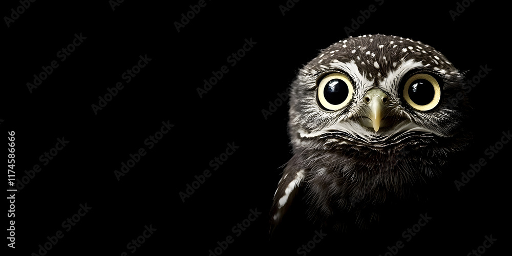 Obraz premium Little Owl Portrait: A captivating close-up portrait of a tiny owl with large, expressive eyes against a dark background.