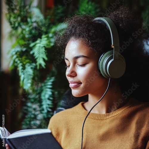 A young woman enjoys reading a book while listening to music with headphones in a cozy setting.