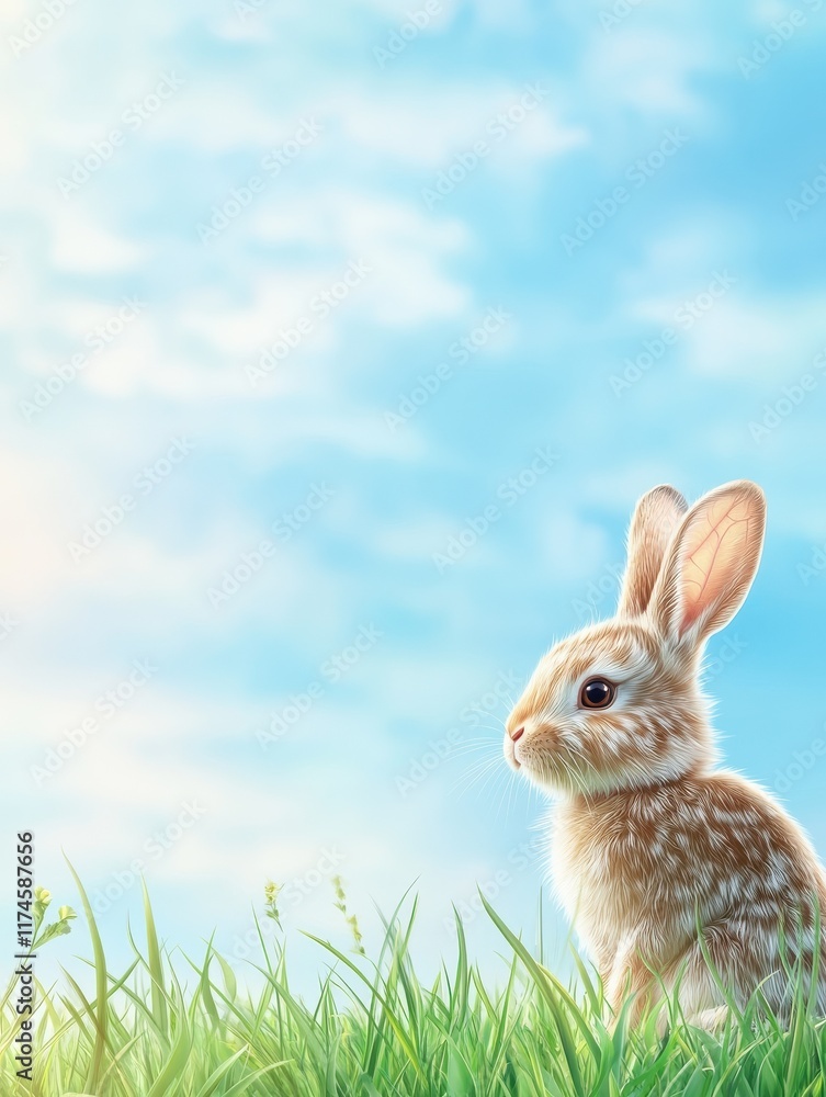 Fototapeta premium Cute easter rabbit sticking out green grass corner on blue sky background with empty space for text or product. Currious small bunny symbol of spring and easter