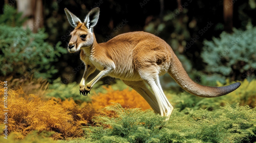 A kangaroo gracefully leaps through a vibrant, natural landscape filled with greenery. A kangaroo gracefully leaps through a vibrant, natural landscape filled with greenery.