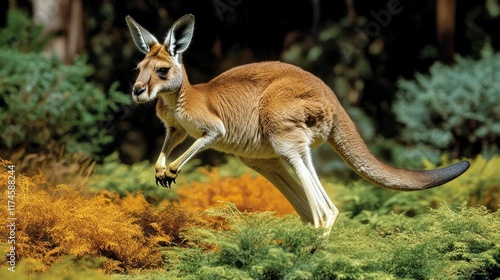 A kangaroo gracefully leaps through a vibrant, natural landscape filled with greenery. photo