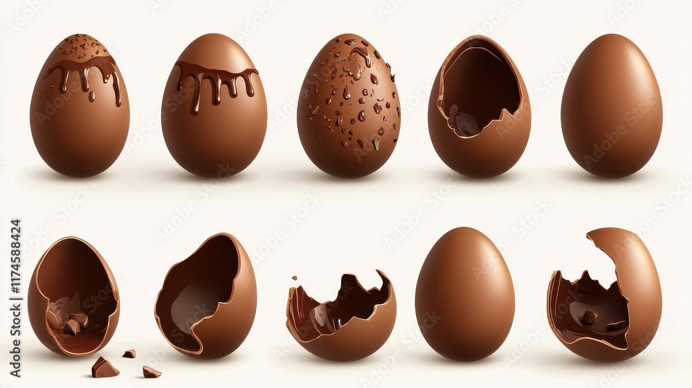 Fototapeta premium Chocolate eggs set. Isolated whole, broken, exploded, cracked and open brown eggs collection. Realistic sweet chocolate candy dessert icons. Vector Easter holiday celebration concept