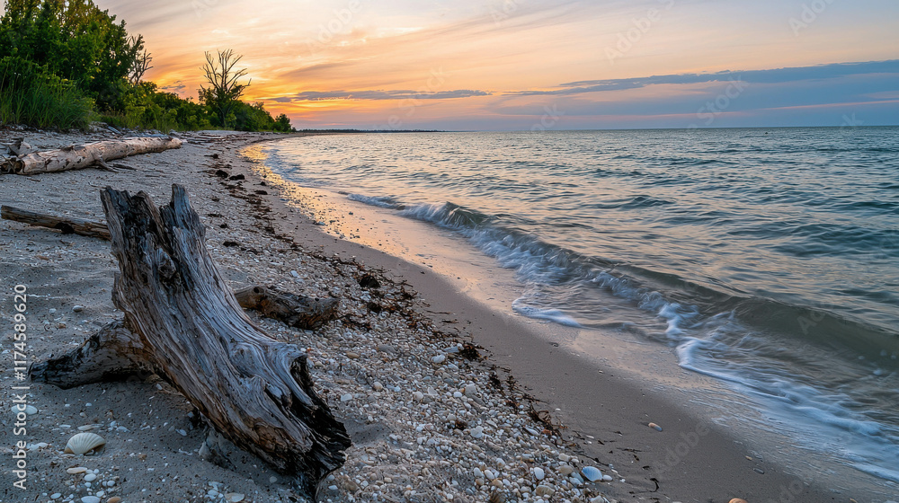 Fototapeta premium Calm Beach at Dawn with Gentle Waves and Driftwood on Quiet Shoreline