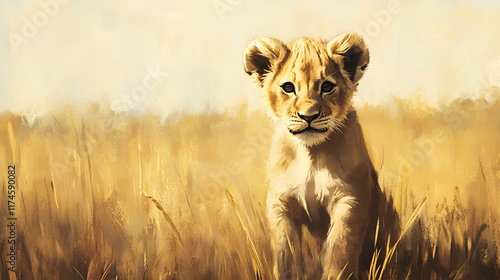 A curious lion cub in the wild savannah, looking up with innocence and wonder, as the golden grass waves in the breeze