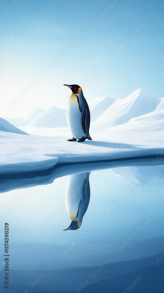 Fototapeta premium A solitary penguin stands on ice, reflecting in calm waters under a serene blue sky, surrounded by snow-covered mountains.