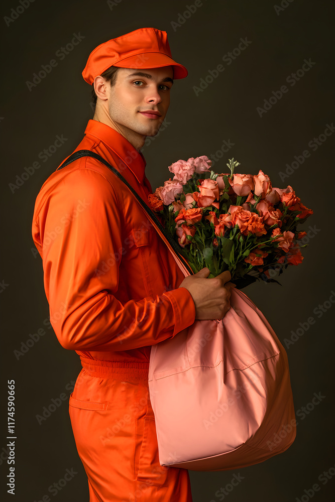 A handsome courier in warm red-orange uniform with flower bouquette and beautiful light-pink present bag A handsome courier in warm red-orange uniform with flower bouquette and beautiful light-pink present bag