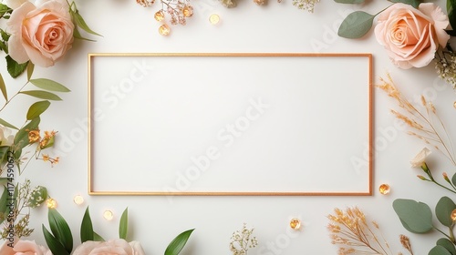 A white frame with a gold border and a pink rose in the center