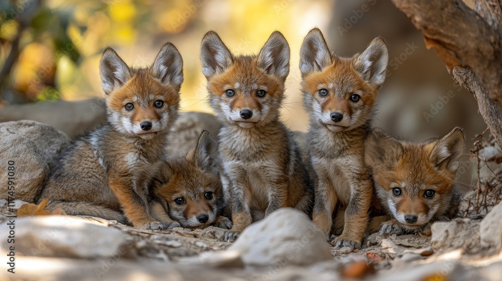 Obraz premium Five playful fox cubs resting together in a natural setting.