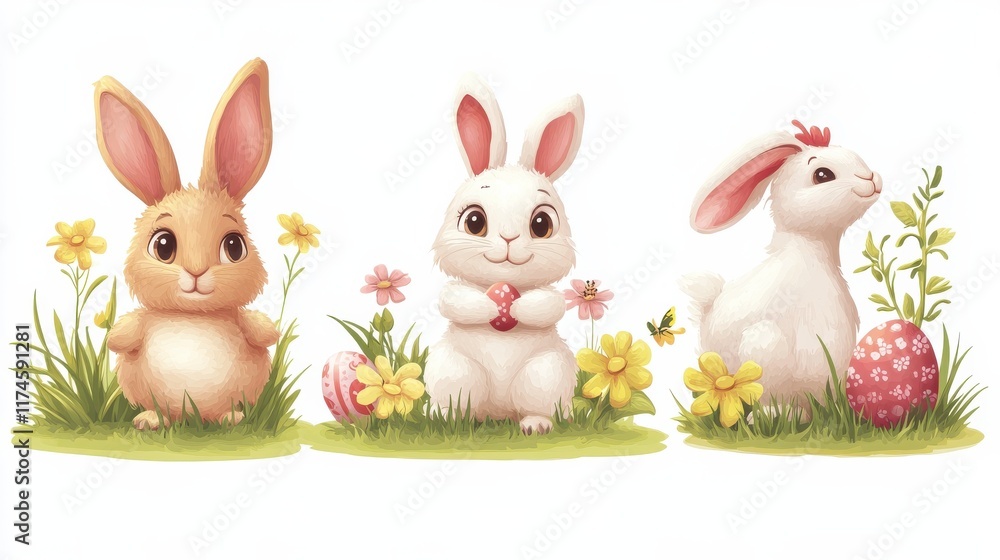 Cartoon easter bunny. Rabbit hiding, bunnies with eggs and flowers. Cute springtime characters, hare painted and chicken. Seasonal holidays decent vector animals Cartoon easter bunny. Rabbit hiding, bunnies with eggs and flowers. Cute springtime characters, hare painted and chicken. Seasonal holidays decent vector animals