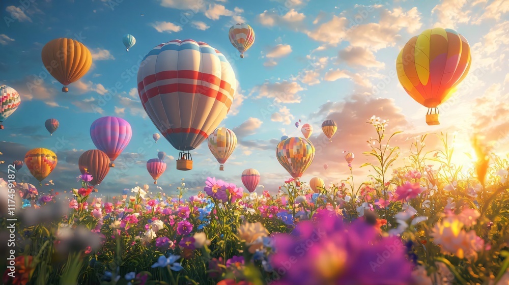 Obraz premium Colorful Hot Air Balloons Soaring Over a Vibrant Flower Field
