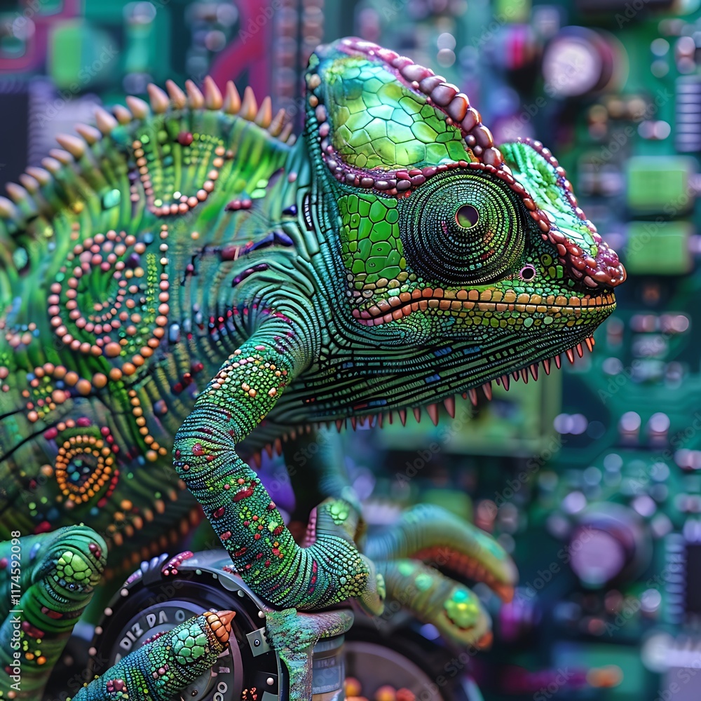 A vividly colored chameleon, intricately detailed, rests on a circuit board. Digital art showcasing reptile and technology fusion. Green, jeweltoned scales. A vividly colored chameleon, intricately detailed, rests on a circuit board. Digital art showcasing reptile and technology fusion. Green, jeweltoned scales.