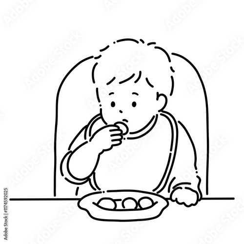 手づかみ食べをする赤ちゃん＿線画