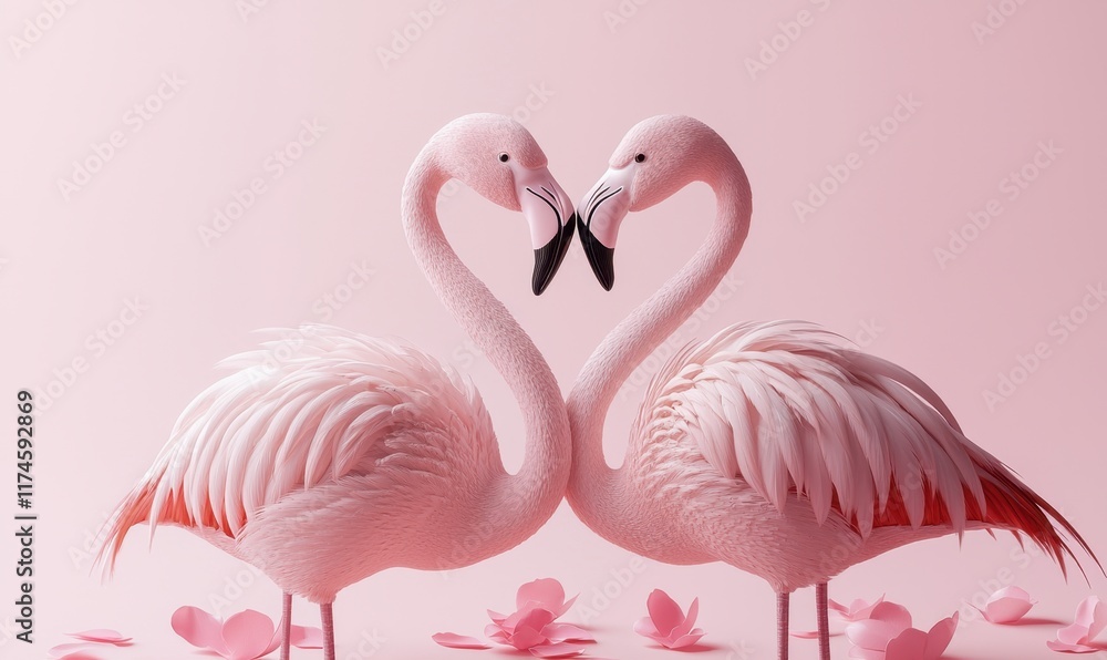 Fototapeta premium Flamingos form a heart studio photography pink close-up love