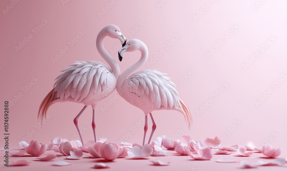 Fototapeta premium Flamingos forming heart pink background nature elegant love