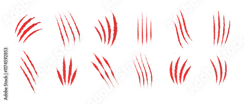 Cat scratch. Set of red bloody animal claw marks isolated on white background. Bear or tiger claws trails. Flat vector illustration.