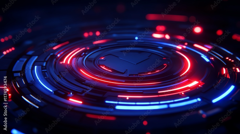 A vibrant, futuristic circular design featuring glowing red and blue lights against a dark background, evoking technology and energy. A vibrant, futuristic circular design featuring glowing red and blue lights against a dark background, evoking technology and energy.