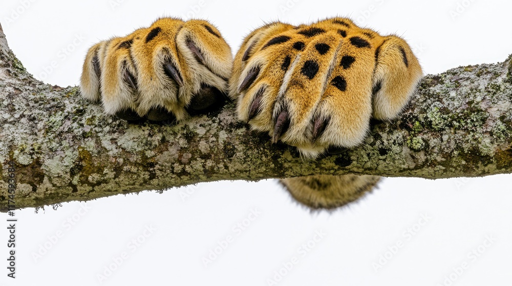Close-up of a leopard's paws resting on a tree branch.