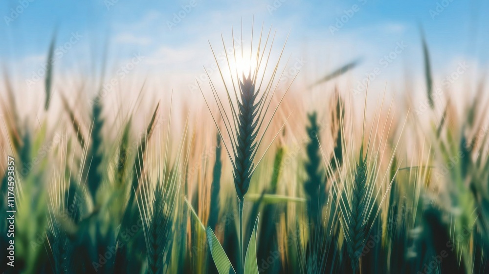 Obraz premium Blurred golden sunlight shining through wheat fields with a sharp focus on delicate wheat stalks