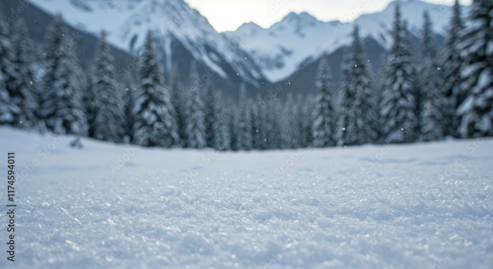 A serene winter landscape with snow-covered pine trees in the foreground and a backdrop of majestic snow-capped mountains A serene winter landscape with snow-covered pine trees in the foreground and a backdrop of majestic snow-capped mountains