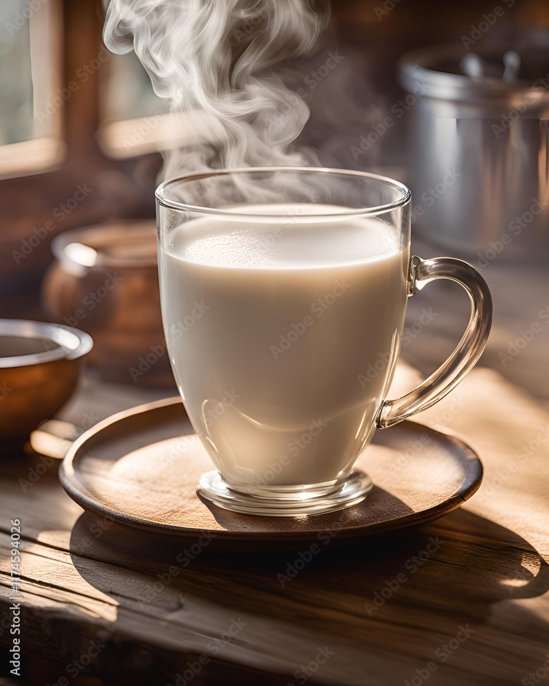 Hot milk in a cup, steam rising gently, creamy and smooth texture, soothing warmth, inviting and comforting, rustic cup design, soft glow from the cup, cozy atmosphere, perfect for relaxation, warm be Hot milk in a cup, steam rising gently, creamy and smooth texture, soothing warmth, inviting and comforting, rustic cup design, soft glow from the cup, cozy atmosphere, perfect for relaxation, warm be
