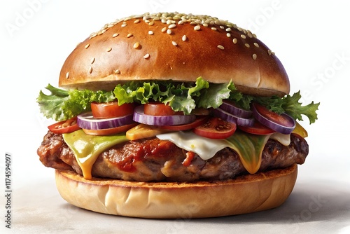 Wallpaper Mural hamburger on white background beef burger with lettuce, cheese and onion served on cutting board on a black wooden table, with copyspace. Torontodigital.ca