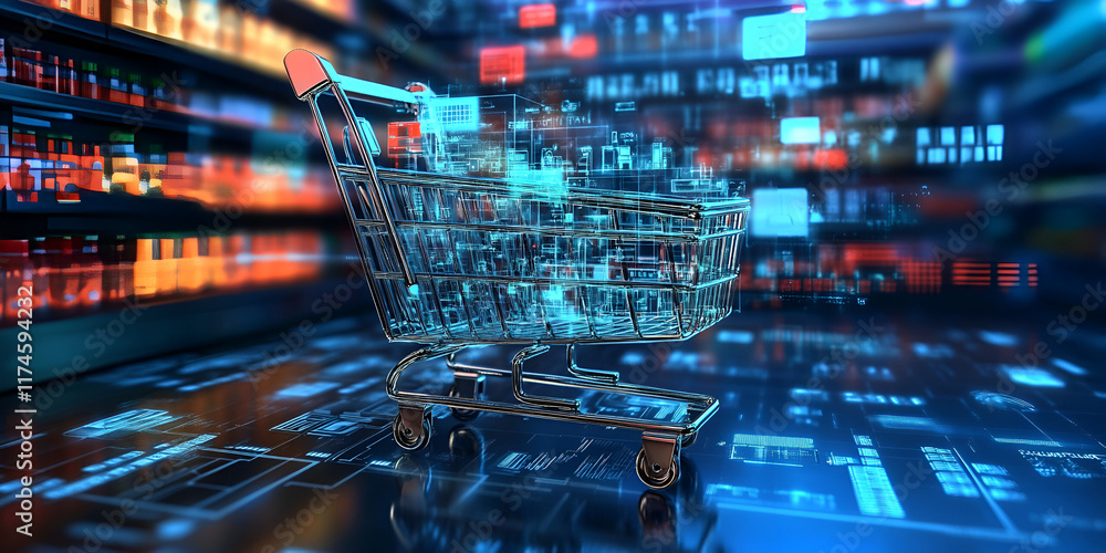 Shopping Cart in Digital World: A shopping cart sits on a digital floor, surrounded by data and numbers, representing the fusion of physical retail and online shopping in a world driven by technology. Shopping Cart in Digital World: A shopping cart sits on a digital floor, surrounded by data and numbers, representing the fusion of physical retail and online shopping in a world driven by technology.