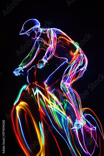 Colorful neon representation of a cyclist in motion, creating vibrant light trails depicting speed and energy. Bold lines highlight the helmeted rider in a striking and artistic style. photo