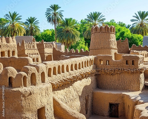 Historic village with mud-brick structures and palm trees under clear sunlight