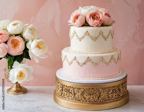 Elegant two-tier wedding cake with pink and white fondant, gold accents, and floral decorations, set on a gold base with matching flowers in a vase. Perfect for weddings, celebrations, and luxury them photo