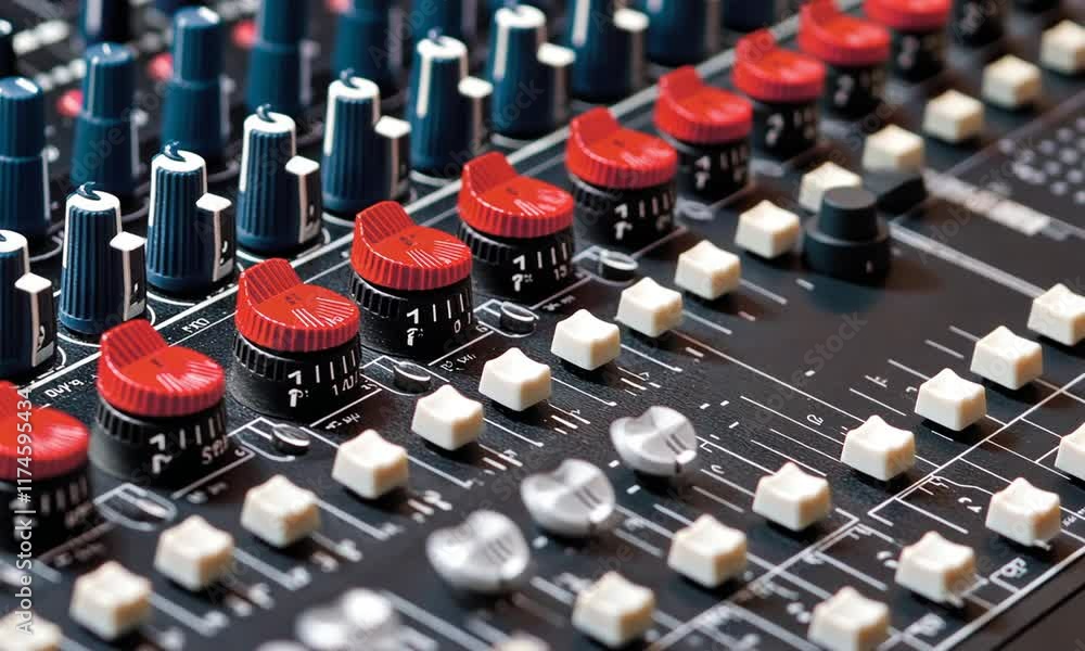 Audio Mixing Console Close-up: A Hand Adjusting Knobs and Faders Audio Mixing Console Close-up: A Hand Adjusting Knobs and Faders