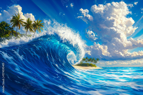 A vibrant blue wave crashes in the ocean with a tropical island dotted with green palm trees in the distance. photo