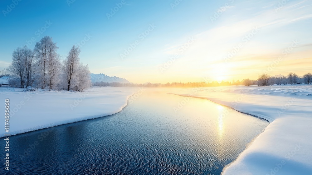 A frozen river with a beautiful blue sky in the background A frozen river with a beautiful blue sky in the background