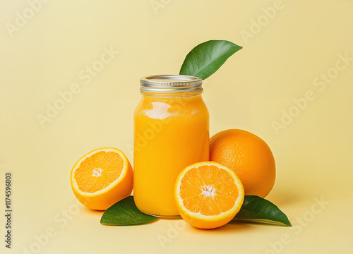 A refreshing jar of orange juice paired with vibrant, fresh oranges, showcasing the citrus delight and natural beauty of ripe fruits. Created using generative A photo