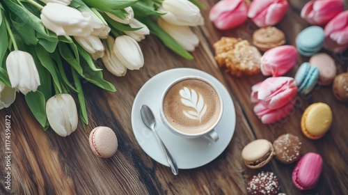 easter breakfast with coffee, rabbit, fresh tulips and macaroons photo