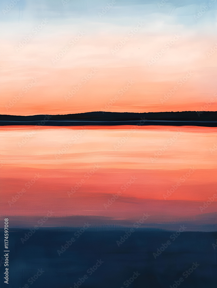 Obraz premium Peaceful Sunset Horizon: A serene landscape of soft, pastel hues as the sun dips below the horizon, casting warm reflections on the still waters of a tranquil lake. 