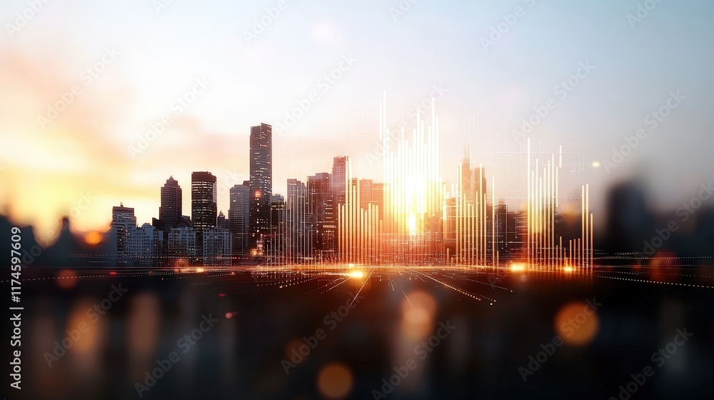 Fototapeta premium A city skyline with a sunset in the background