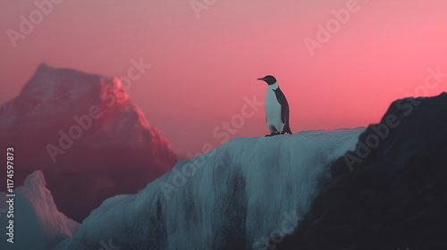 A lone penguin waddling across the frozen Arctic landscape, perfectly adapted to its icy surroundings in the extreme cold photo