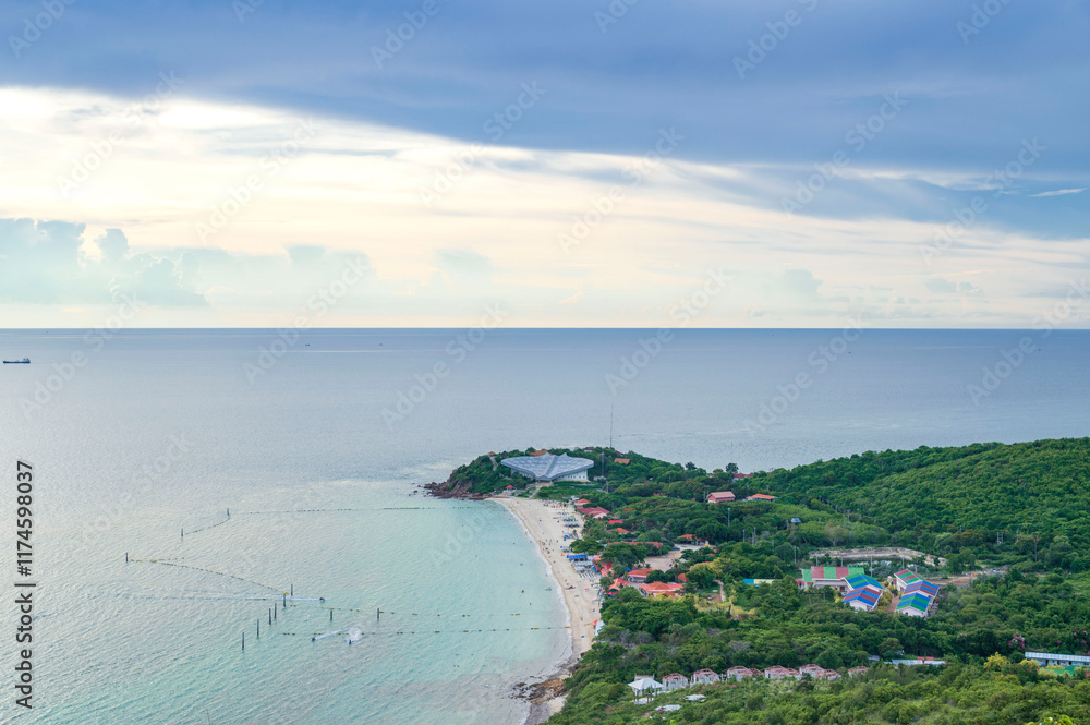 top view of Tropical white sand beach and sea at samea beach on larn island, Pattaya City, Chonburi, Thailand