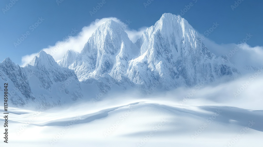 Majestic snow-covered mountains under a clear blue sky, creating a serene winter landscape. Majestic snow-covered mountains under a clear blue sky, creating a serene winter landscape.