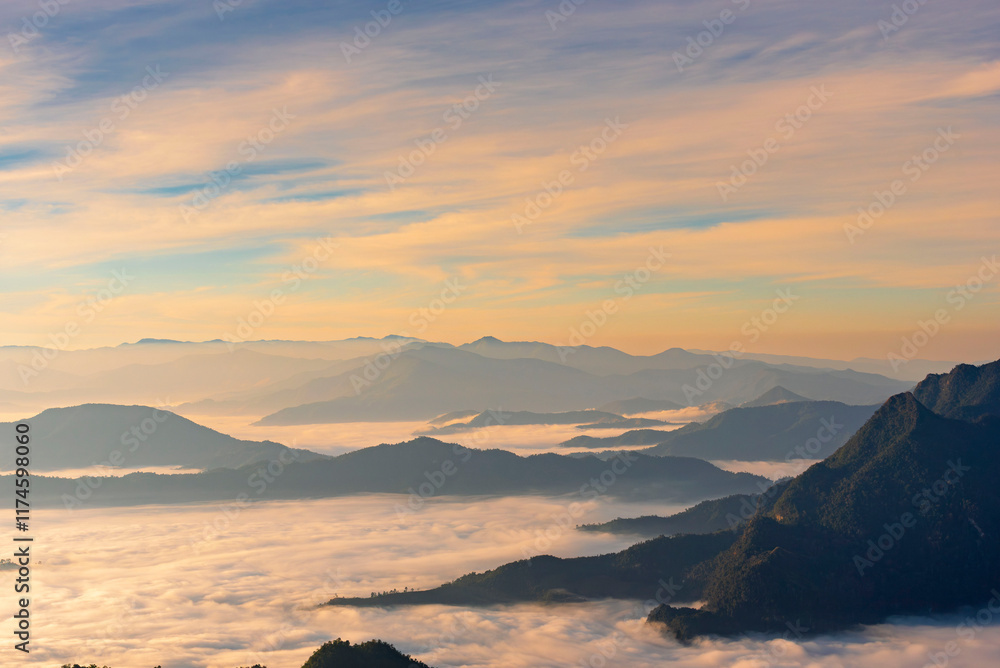 Landscape and sun rise of the mountain and sea of mist in winter sunrise view from top of Phu Chi Dao mountain , Chiang Rai, Thailand