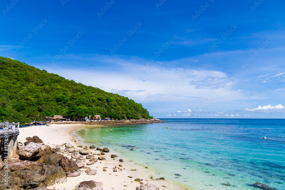 Tropical white sand beach and sea at sangwan beach on larn island, Pattaya City, Chonburi, Thailand