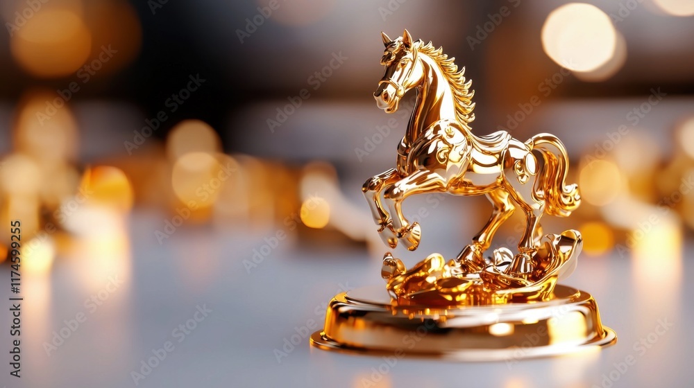 Golden horse statue fantasy art studio close-up elegance Golden horse statue fantasy art studio close-up elegance