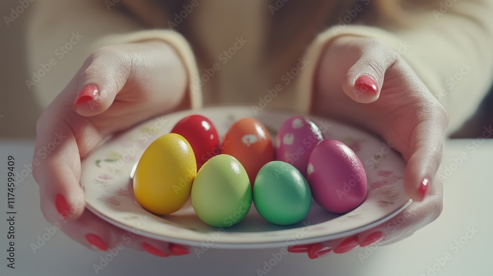 easter, holidays, tradition and people concept - close up of woman hands with colored easter eggs on plate easter, holidays, tradition and people concept - close up of woman hands with colored easter eggs on plate