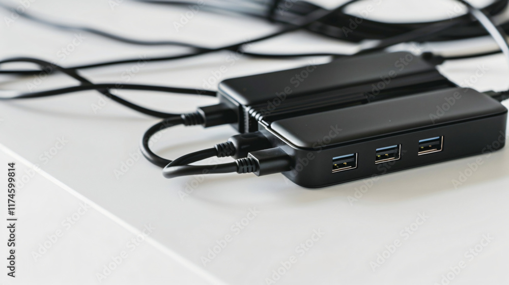 Close-up of a sleek universal charger with multiple ports, designed for fast charging of multiple devices, showcasing its modern and practical design, ideal for tech enthusiasts and professionals.
Close-up of a sleek universal charger with multiple ports, designed for fast charging of multiple devices, showcasing its modern and practical design, ideal for tech enthusiasts and professionals.