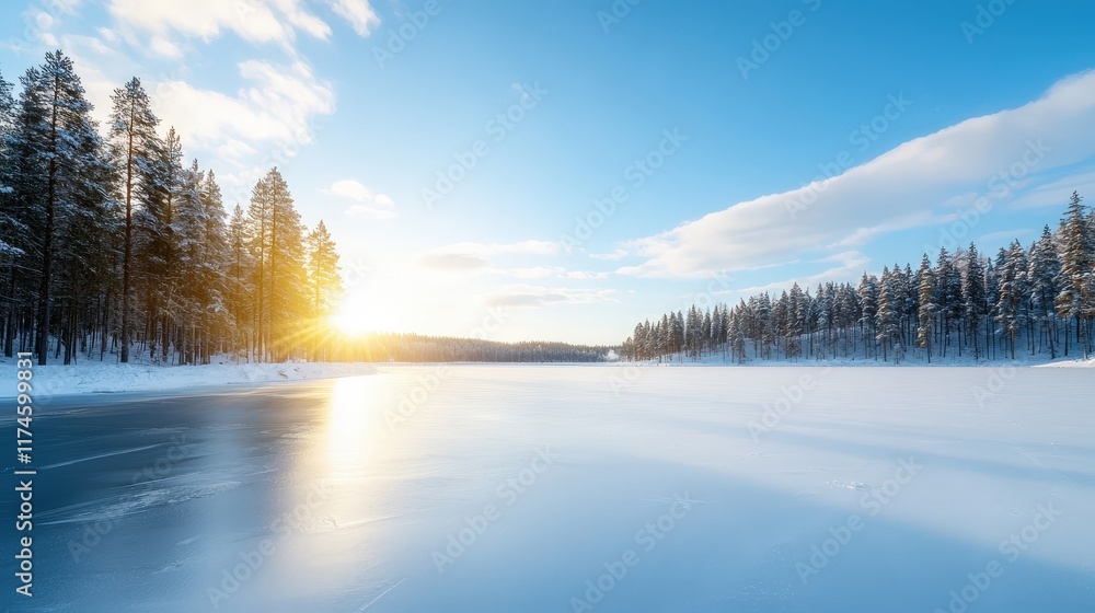 A beautiful winter landscape with a lake and trees A beautiful winter landscape with a lake and trees