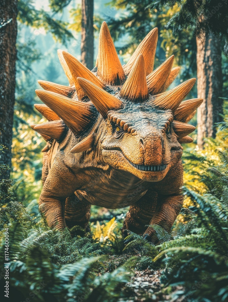 Obraz premium A realistic depiction of a spiky dinosaur in a lush forest setting.
