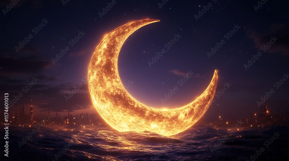Fiery Crescent Moon Over Futuristic City Seascape Fiery Crescent Moon Over Futuristic City Seascape