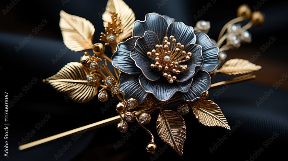 Naklejka premium Elegant Dark Flower Hairpin: Exquisite Gold and Pearl Accents