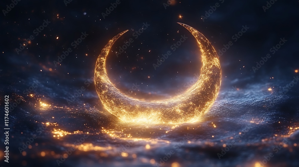 Glowing Crescent Moon in Dark Cosmic Landscape Glowing Crescent Moon in Dark Cosmic Landscape